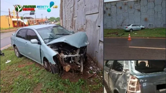 Carro atinge estrutura de viaduto após se envolver em acidente no centro de Pimenta Bueno